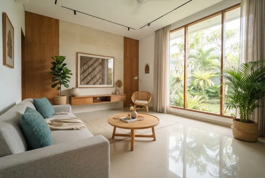 Interior ruang tamu bersih dan terang, hasil Daily Cleaning Klinow