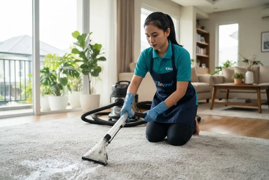 Petugas Klinow melakukan deep cleaning karpet dengan alat extraction profesional
