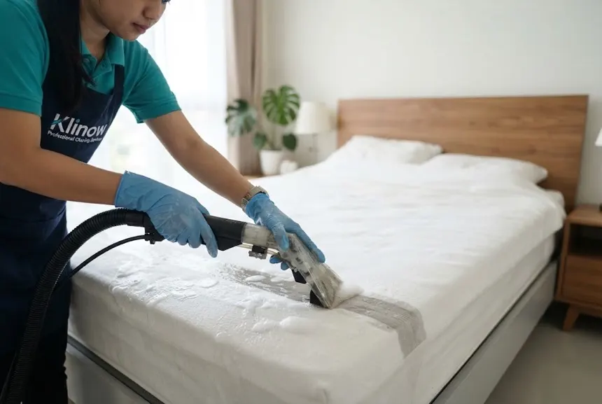 Petugas Klinow mencuci kasur dengan alat extraction cleaner